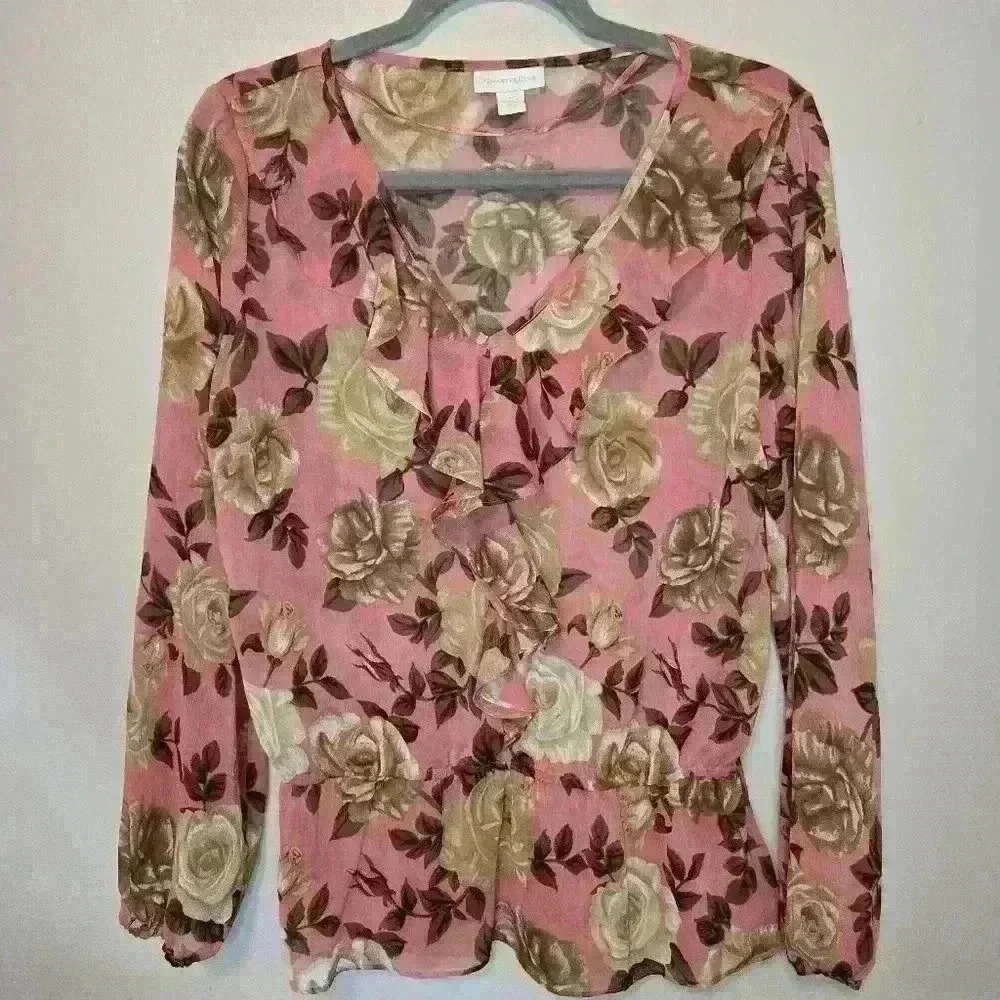 Charter Club Sheer Pink Floral Peplum Peasant Top Sz M Feminine Cottagecore